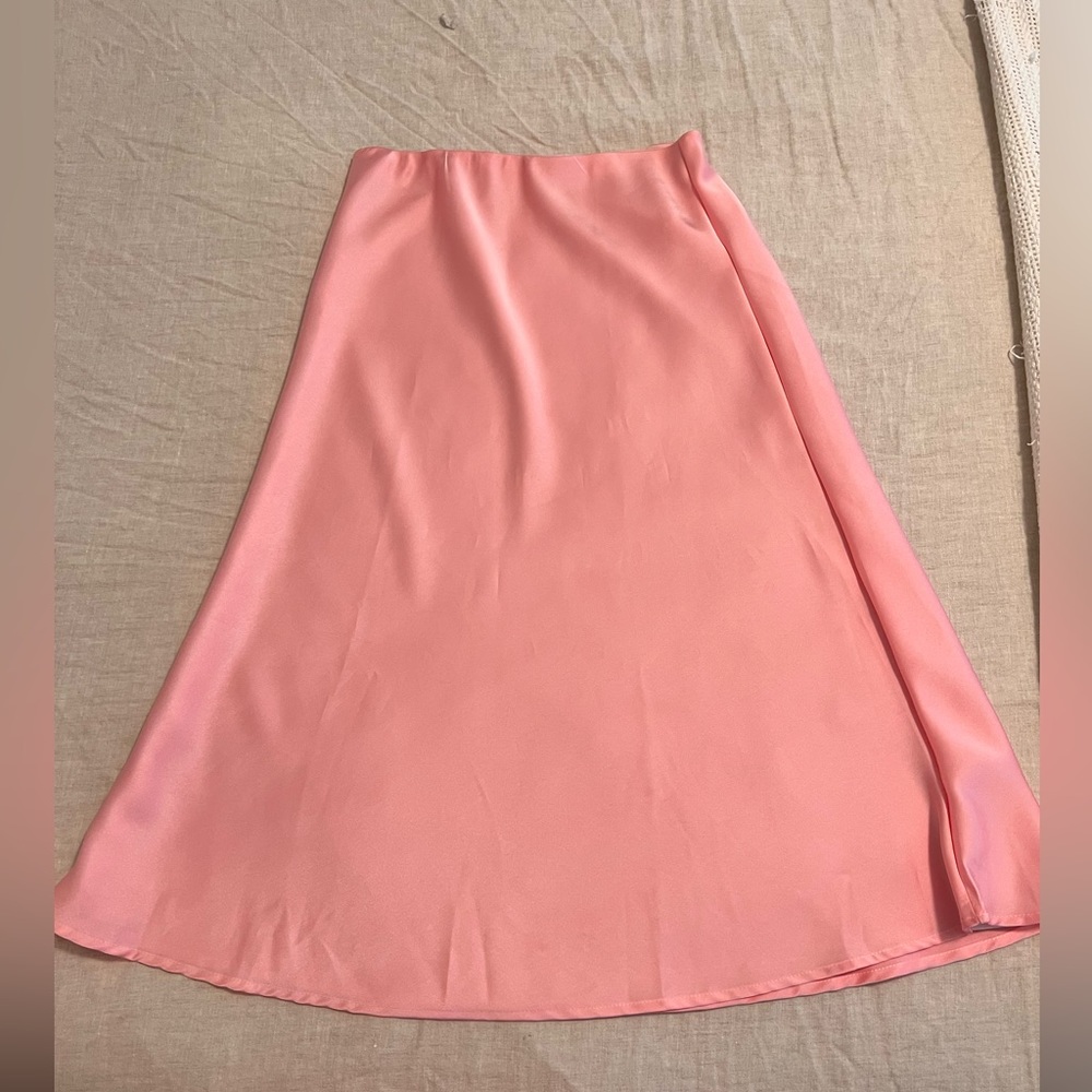 Women's Satin High Waist Elasticized Waistband Flared A Line Mid; Pink Skirt